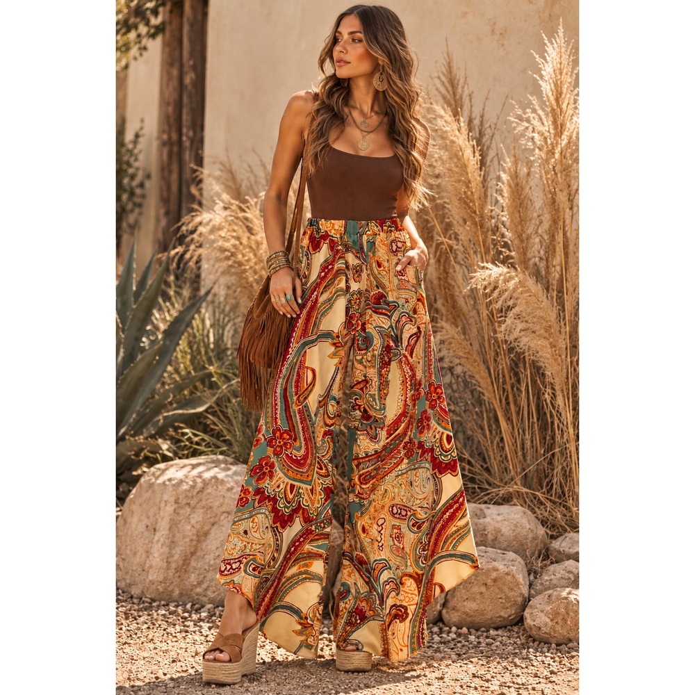 Paisley Wide Leg Palazzo Pants High Low Hem Multicolor Boho Festival XS